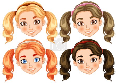 Illustration for Four cartoon girl faces with different hairstyles - Royalty Free Image
