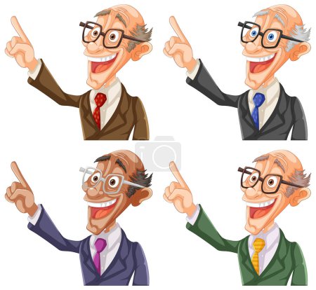 Ilustración de Cuatro hombres de negocios de dibujos animados haciendo gestos con entusiasmo. - Imagen libre de derechos