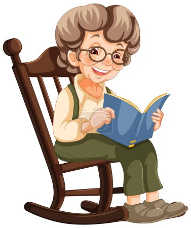 Ilustración de Mujer anciana sonriendo mientras lee en una mecedora. - Imagen libre de derechos