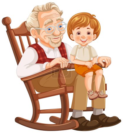 Téléchargez les illustrations : Homme âgé et jeune garçon souriant sur chaise berçante. - en licence libre de droit