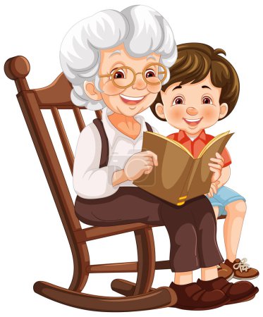 Téléchargez les illustrations : Une femme âgée et un enfant profitant d'un livre ensemble - en licence libre de droit