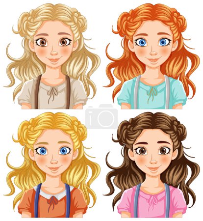 Téléchargez les illustrations : Quatre filles de dessin animé avec différentes coiffures et vêtements. - en licence libre de droit