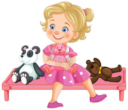 Souriante fille assise avec des jouets d'animaux en peluche