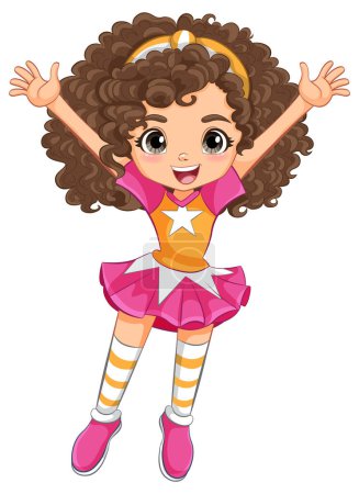 Téléchargez les illustrations : Joyeux dessin animé fille sautant avec les bras levés - en licence libre de droit