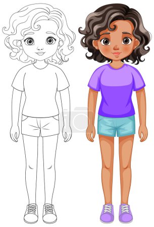 Téléchargez les illustrations : Illustration vectorielle d'une fille avant et après la coloration - en licence libre de droit