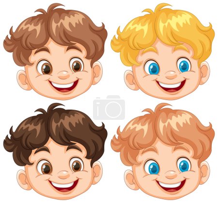Téléchargez les illustrations : Quatre garçons heureux de bande dessinée avec différentes coiffures - en licence libre de droit