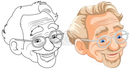 Illustration for Black and white and colored portraits of a happy senior man. - Royalty Free Image