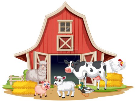 Téléchargez les illustrations : Illustration d'animaux de ferme devant une grange - en licence libre de droit