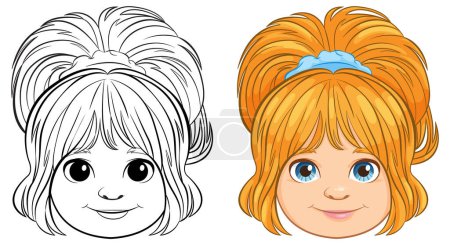 Illustration for Black and white and colored cartoon girl illustrations. - Royalty Free Image