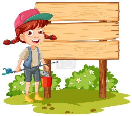 Illustration for Smiling girl with paint and brush by signboard - Royalty Free Image