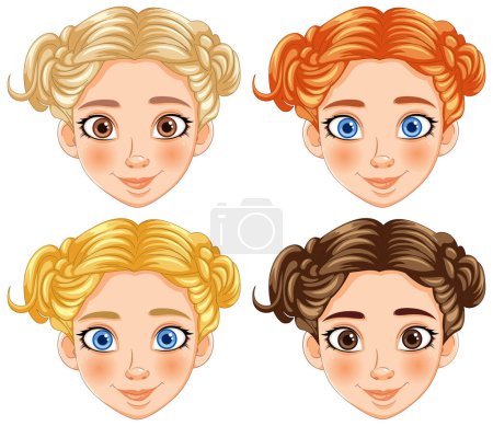 Téléchargez les illustrations : Quatre visages de dessins animés montrant différentes coiffures. - en licence libre de droit