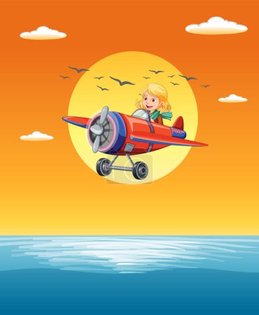 Téléchargez les illustrations : Jeune pilote profite d'un vol panoramique au-dessus de l'océan. - en licence libre de droit