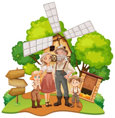 Illustration of a family standing near a windmill.