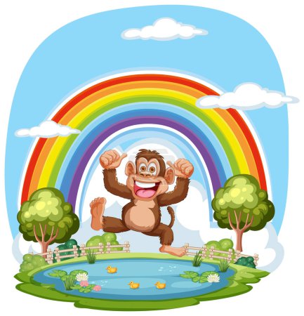 Mono feliz con un colorido fondo de arco iris