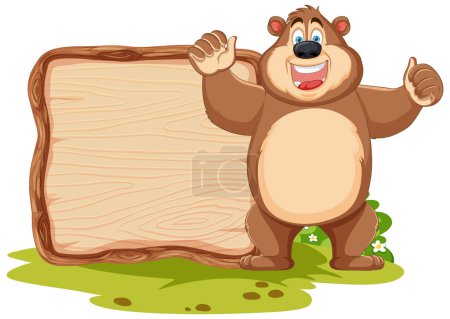Illustration for Happy cartoon bear presenting an empty signboard. - Royalty Free Image
