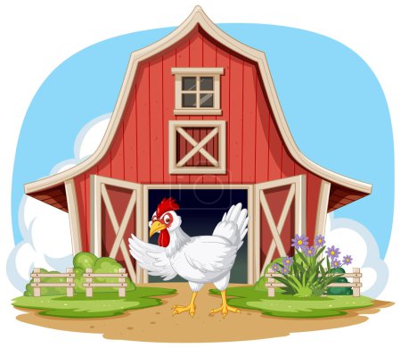 A happy chicken standing in front of a barn.