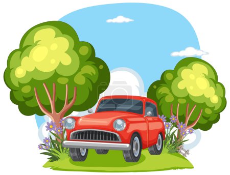 Illustration for Red classic car parked among lush green trees - Royalty Free Image