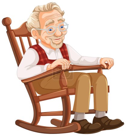 Ilustración de Alegre caballero mayor relajándose en una mecedora de madera - Imagen libre de derechos