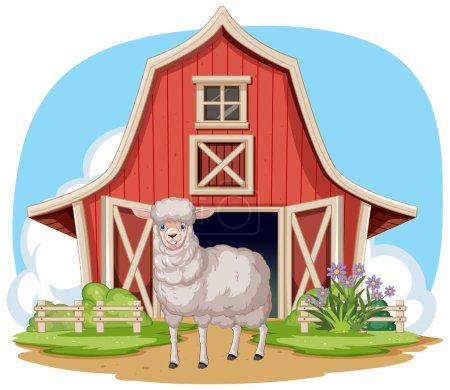 A cheerful sheep standing in front of a barn.
