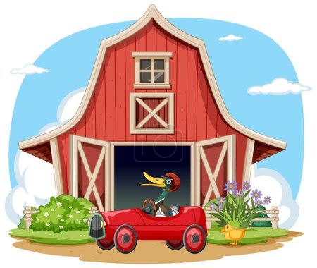 Téléchargez les illustrations : Dessin animé toucan conduisant une voiture classique par une grange. - en licence libre de droit