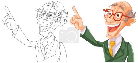 Téléchargez les illustrations : Caricature colorée d'un scientifique heureux et gestuel - en licence libre de droit