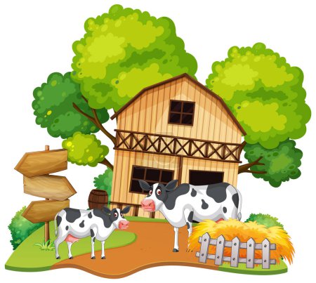 Vaches près d'une grange avec des arbres et une botte de foin.