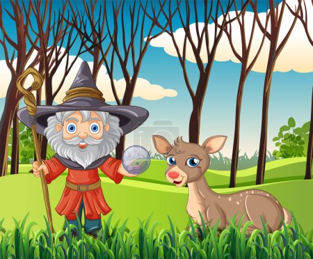 Illustration for Wizard with crystal ball beside a cute deer in woods - Royalty Free Image