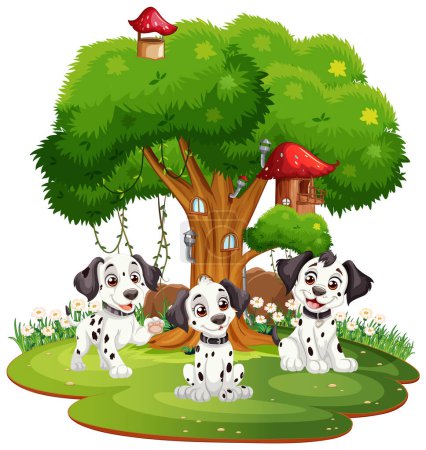 Téléchargez les illustrations : Trois chiots tachetés jouissant d'un temps de jeu sous un arbre - en licence libre de droit