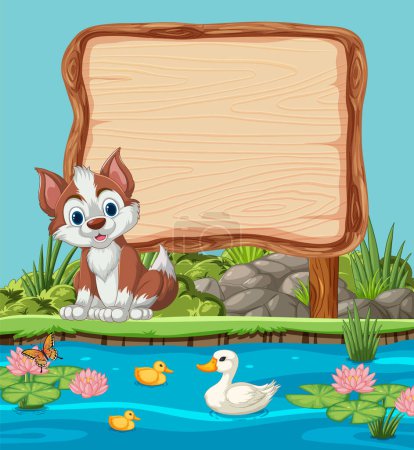 Ilustración de Cachorro de dibujos animados con patos cerca de un letrero en blanco. - Imagen libre de derechos