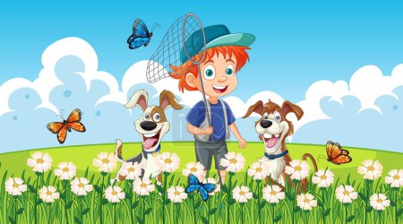 Téléchargez les illustrations : Garçon heureux jouant avec deux chiens parmi les fleurs. - en licence libre de droit