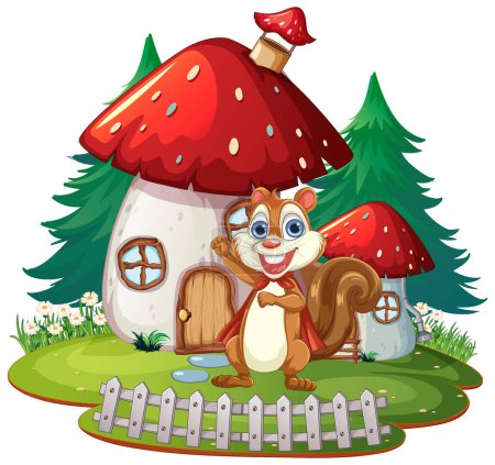 Téléchargez les illustrations : Un écureuil heureux debout à l'extérieur d'une maison de champignons fantaisie. - en licence libre de droit