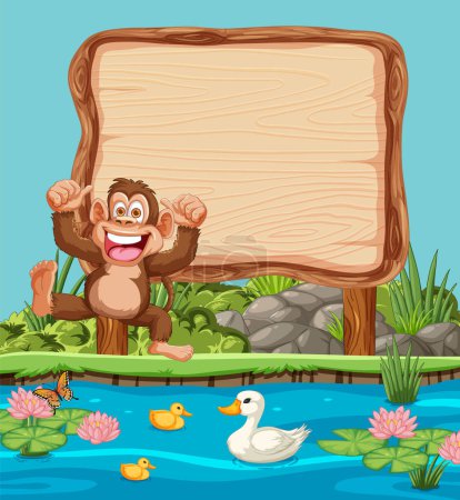 Ilustración de Mono feliz con patos y letrero junto al estanque - Imagen libre de derechos
