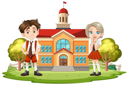 Téléchargez les illustrations : Deux enfants de bande dessinée souriant devant une école. - en licence libre de droit