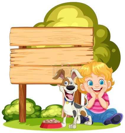 Téléchargez les illustrations : Caricature d'un enfant joyeux et d'un chien près d'un signe. - en licence libre de droit