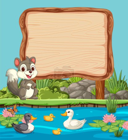 Téléchargez les illustrations : Écureuil, canards et enseigne près d'un étang tranquille - en licence libre de droit