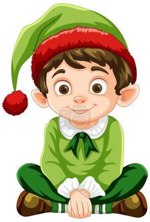 Smiling elf character in holiday-themed clothing.
