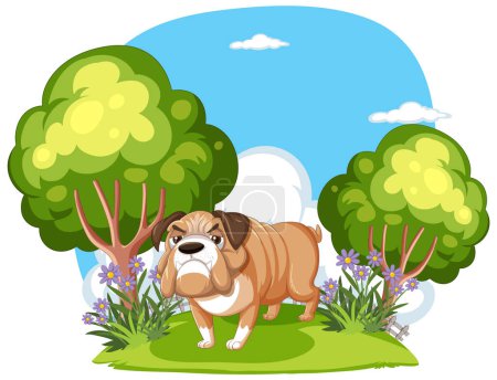 Téléchargez les illustrations : Bulldog dessin animé debout dans un parc verdoyant - en licence libre de droit