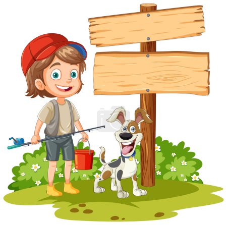 Téléchargez les illustrations : Garçon souriant avec chien près du panneau blanc à l'extérieur - en licence libre de droit