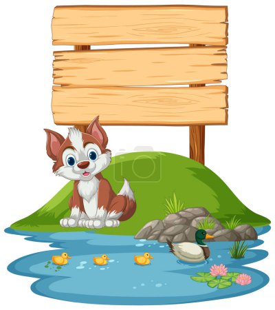 Ilustración de Perro de dibujos animados y pato cerca de un letrero de madera. - Imagen libre de derechos