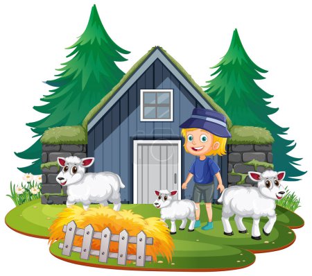 Smiling boy with sheep outside a rural house