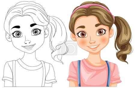 Illustration for Vector transformation of a girl from line art to color - Royalty Free Image