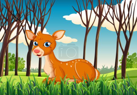 Illustration for Cute spotted fawn sitting in a grassy woodland - Royalty Free Image