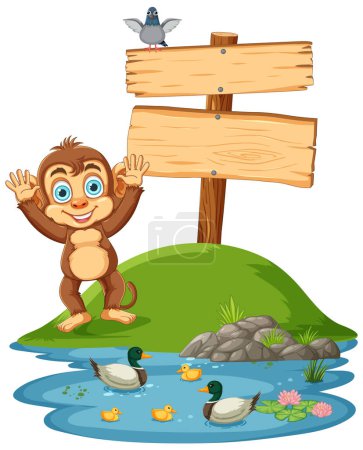 Illustration for Happy monkey with ducks and signpost illustration - Royalty Free Image