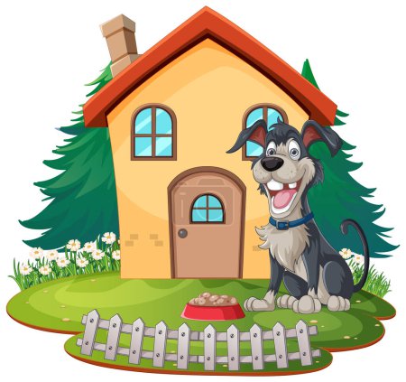 Illustration for Cheerful dog sitting by its home with food. - Royalty Free Image