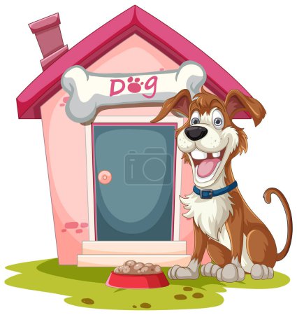 Illustration for Cheerful dog sitting by its colorful kennel. - Royalty Free Image