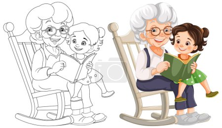 Illustration for Colorful and line art of grandma reading with child. - Royalty Free Image