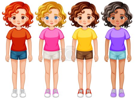 Téléchargez les illustrations : Quatre filles de dessin animé avec différentes coiffures et vêtements - en licence libre de droit