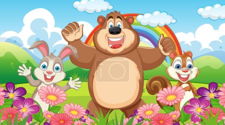 Téléchargez les photos : Ours de bande dessinée et écureuils avec arc-en-ciel dans la prairie - en image libre de droit