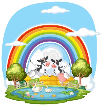 Illustration for Cartoon farm animals enjoying a sunny day outdoors - Royalty Free Image