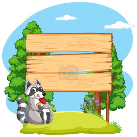 Illustration for Cartoon raccoon sitting by an empty sign in nature. - Royalty Free Image
